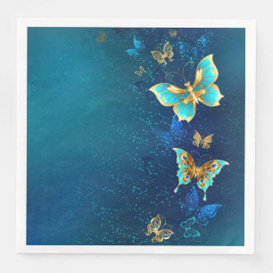 Golden Butterflies on a Blue Background Napkin