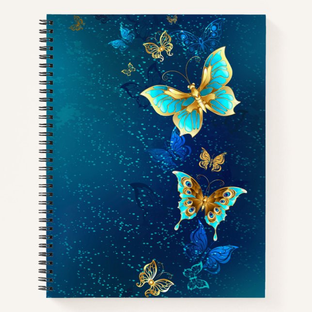 Golden Butterflies on a Blue Background Notebook (Front)