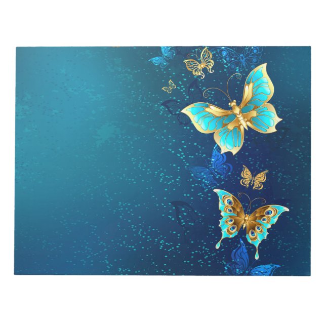 Golden Butterflies on a Blue Background Notepad (Front)