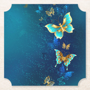 Golden Butterflies on a Blue Background Paper Coaster