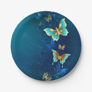 Golden Butterflies on a Blue Background Paper Plate
