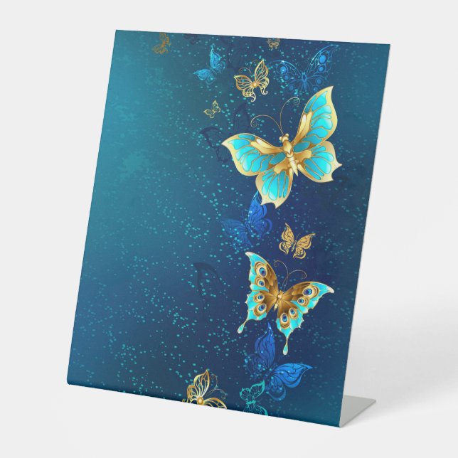 Golden Butterflies on a Blue Background Pedestal Sign (Front)
