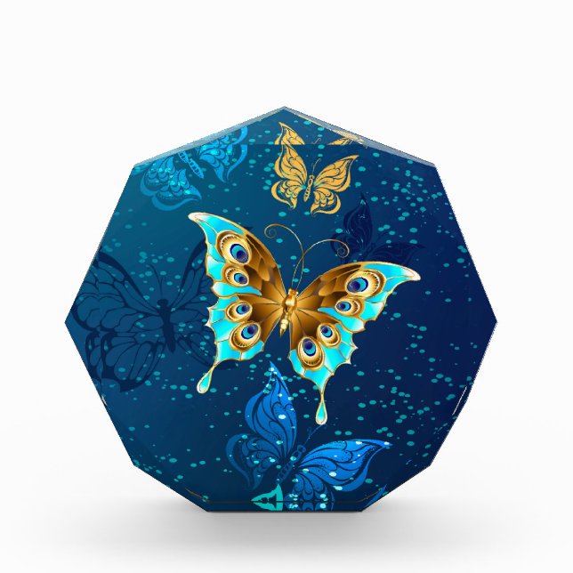 Golden Butterflies on a Blue Background Photo Block (Front)