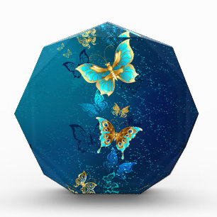Golden Butterflies on a Blue Background Photo Block