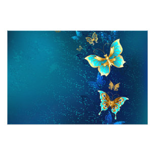 Golden Butterflies on a Blue Background Photo Print