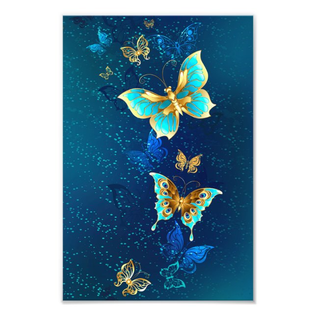 Golden Butterflies on a Blue Background Photo Print (Front)