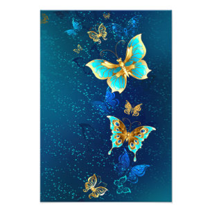 Golden Butterflies on a Blue Background Photo Print