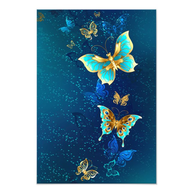 Golden Butterflies on a Blue Background Photo Print (Front)