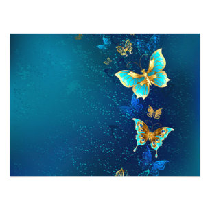 Golden Butterflies on a Blue Background Photo Print