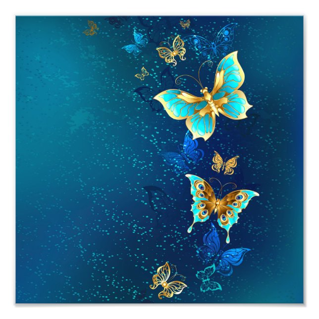 Golden Butterflies on a Blue Background Photo Print (Front)