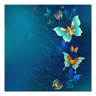 Golden Butterflies on a Blue Background Photo Print