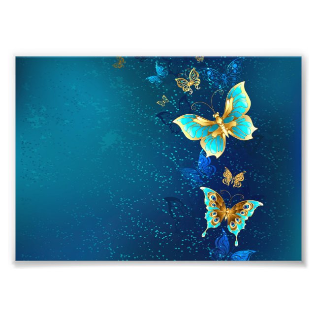 Golden Butterflies on a Blue Background Photo Print (Front)