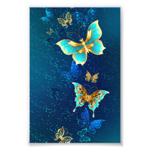 Golden Butterflies on a Blue Background Photo Print