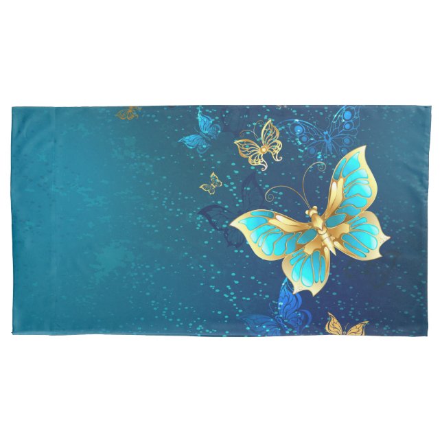 Golden Butterflies on a Blue Background Pillowcase (Front)