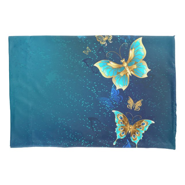 Golden Butterflies on a Blue Background Pillowcase (Front)