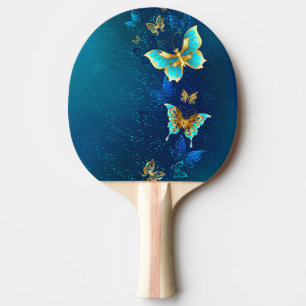 Golden Butterflies on a Blue Background Ping Pong Paddle