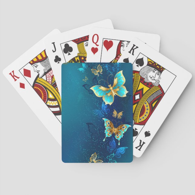 Golden Butterflies on a Blue Background Playing Cards (Back)