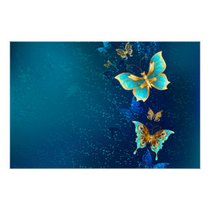 Golden Butterflies on a Blue Background Poster
