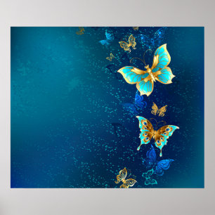 Golden Butterflies on a Blue Background Poster