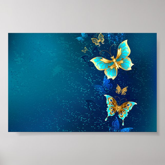 Golden Butterflies on a Blue Background Poster (Front)