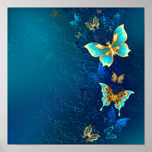 Golden Butterflies on a Blue Background Poster