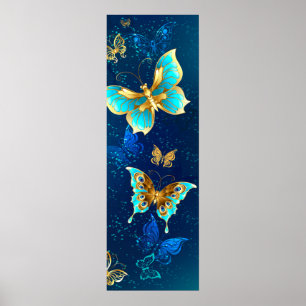 Golden Butterflies on a Blue Background Poster