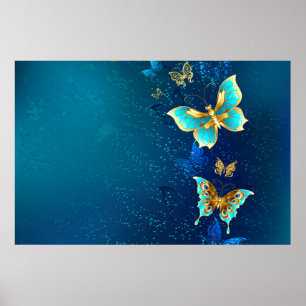 Golden Butterflies on a Blue Background Poster