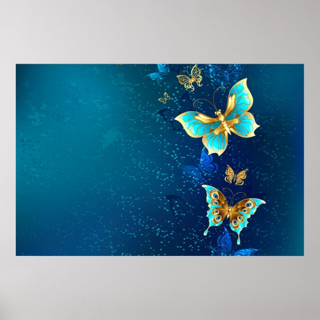 Golden Butterflies on a Blue Background Poster (Front)
