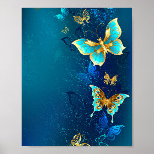 Golden Butterflies on a Blue Background Poster