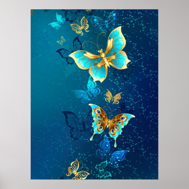 Golden Butterflies on a Blue Background Poster (Front)
