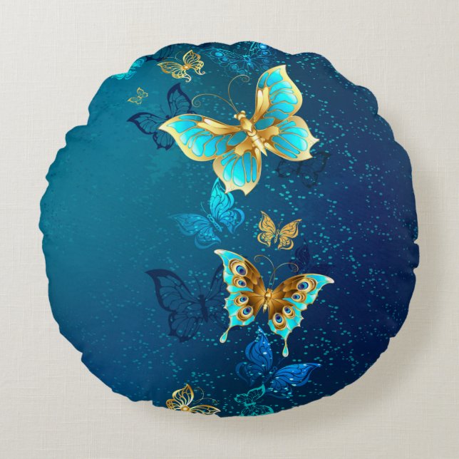 Golden Butterflies on a Blue Background Round Cushion (Front)