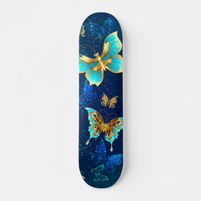 Golden Butterflies on a Blue Background Skateboard (Front)