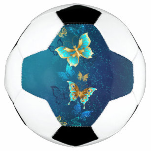 Golden Butterflies on a Blue Background Soccer Ball