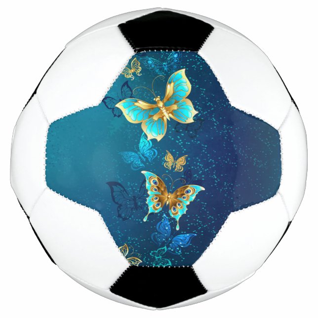 Golden Butterflies on a Blue Background Soccer Ball (Front)