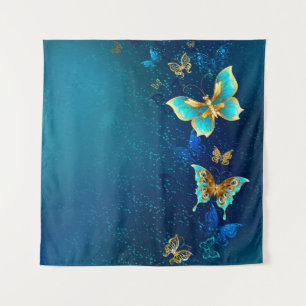 Golden Butterflies on a Blue Background Tapestry