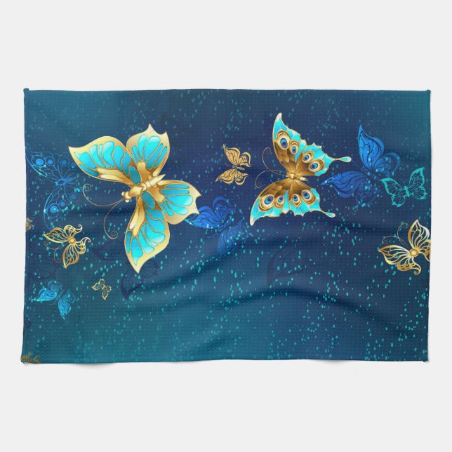Golden Butterflies on a Blue Background Tea Towel (Horizontal)