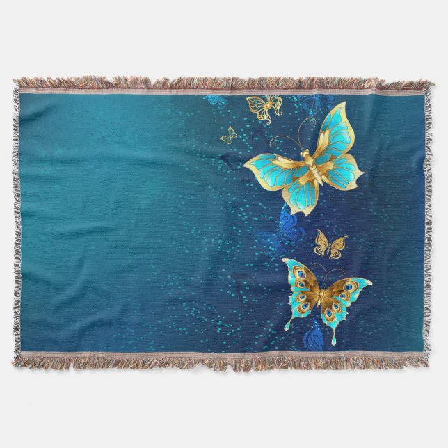 Golden Butterflies on a Blue Background Throw Blanket (Front)