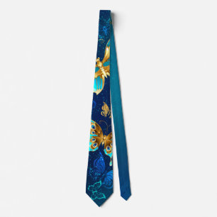 Golden Butterflies on a Blue Background Tie