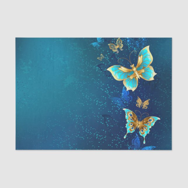 Golden Butterflies on a Blue Background Tissue Paper (Front)