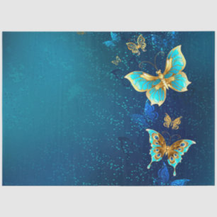 Golden Butterflies on a Blue Background Tissue Paper