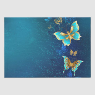Golden Butterflies on a Blue Background Tissue Paper