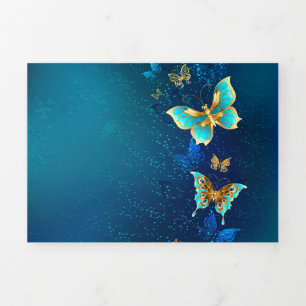 Golden Butterflies on a Blue Background Tri-Fold Holiday Card
