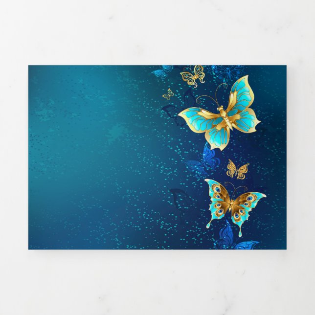 Golden Butterflies on a Blue Background Tri-Fold Invitation (Cover)