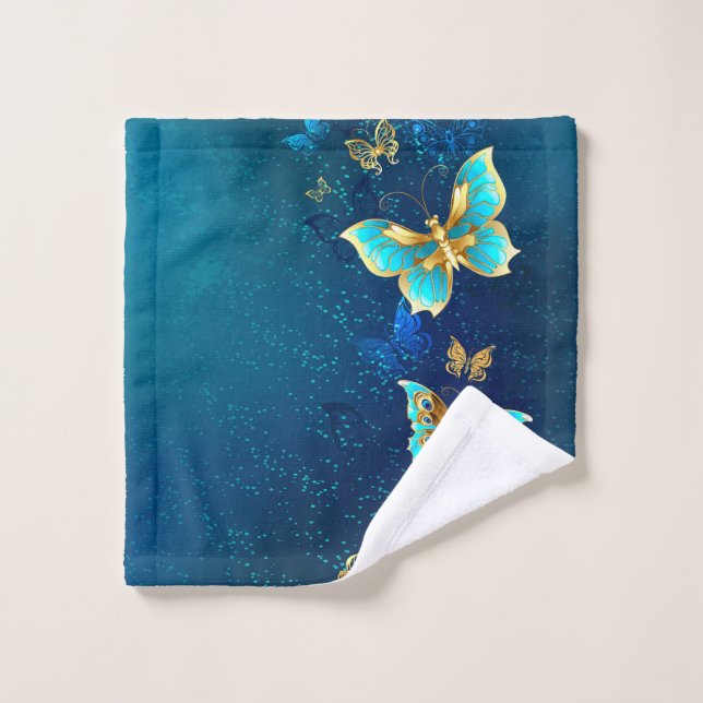 Golden Butterflies on a Blue Background Wash Cloth (Wash Cloth)