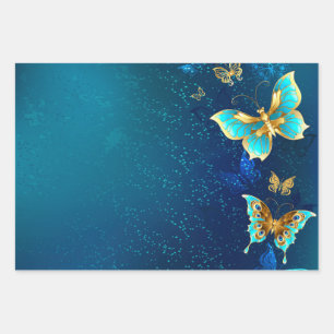 Golden Butterflies on a Blue Background Wrapping Paper Sheet