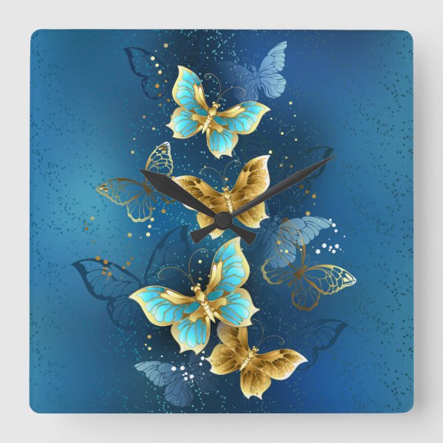 Golden butterflies square wall clock (Front)