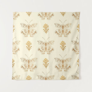 Golden butterflies, white seamless vintage backgro tapestry