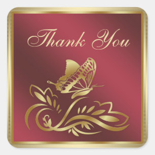 Golden butterfly and swirls on dark red Thank You Square Sticker