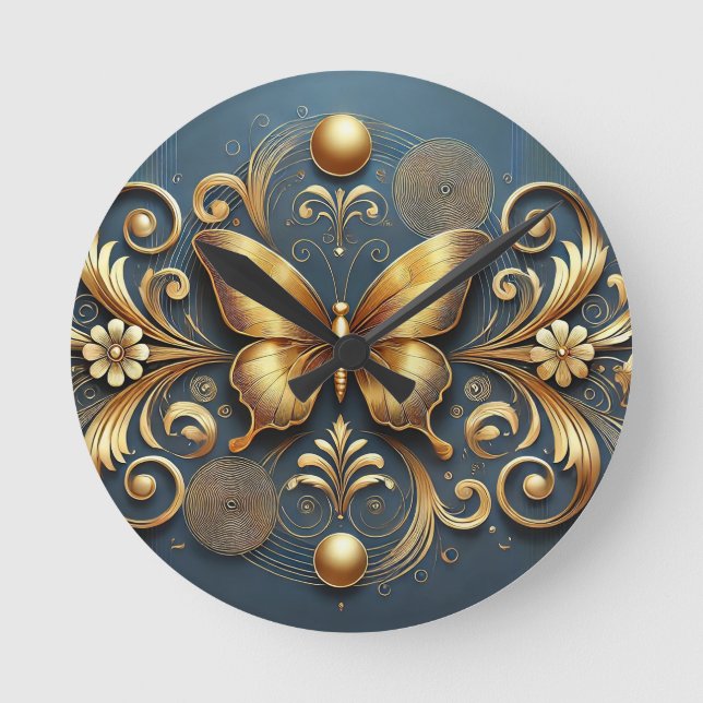 Golden Butterfly Design Round Clock (Front)