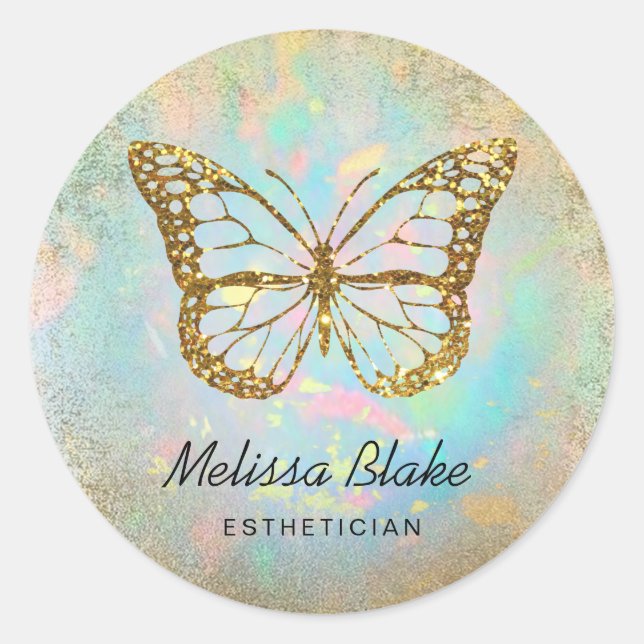 golden butterfly on opal classic round sticker (Front)